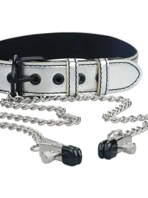 Metallic Silver Collar With Nipple Clamp