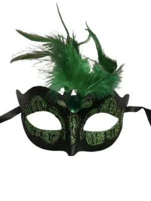 Maska-Venetian Mask Green with Green Stone and Feather