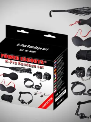 Bondage set 8 pcs black cuffs / collar/ mask/ whipp/ clamps/rope etc