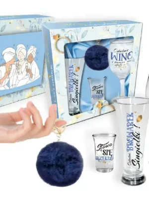NIEZBĘDNIK PANIEŃSKI-zestaw: szklanka do piwa 300ml, kieliszek do wina 220ml, kieliszek do wódki 35ml + brelok granat