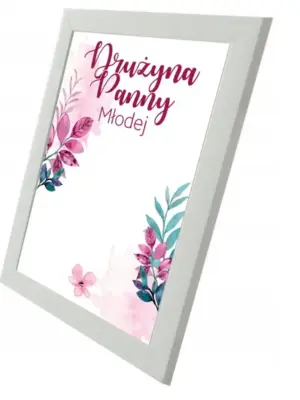 Pamiątkowy brązowy plakat "Buziaki na pożegnanie Panny Młodej" w ramce.