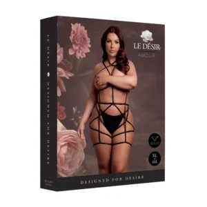Strappy Open Cup Body Harness with Garters - Plus Size - Black