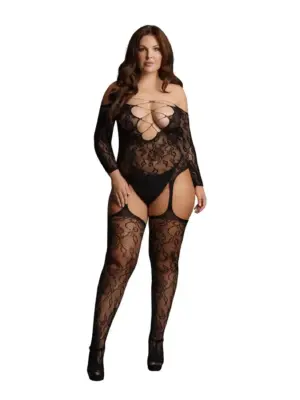 Criss Cross Neck Suspender Bodystocking - Plus Size