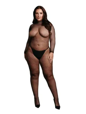 Bodystocking with fishnet structure, open crotch and turtle neck.