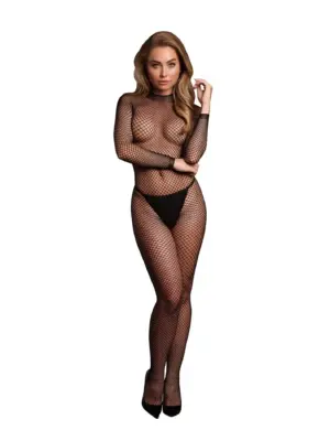 Bodystocking with fishnet structure, open crotch and turtle neck.