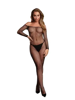 Bodystocking with off shoulder neckline, fishnet structure and open crotch.