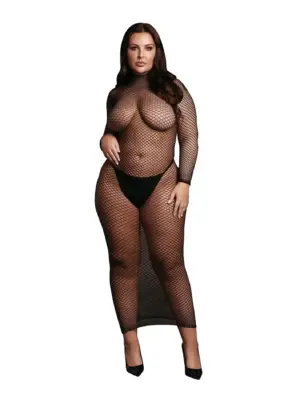 Long dress with fishnet structure and turtle neck.