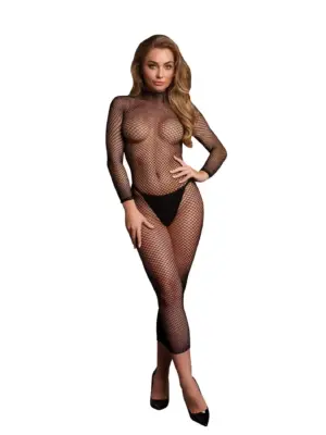 Long dress with fishnet structure and turtle neck.