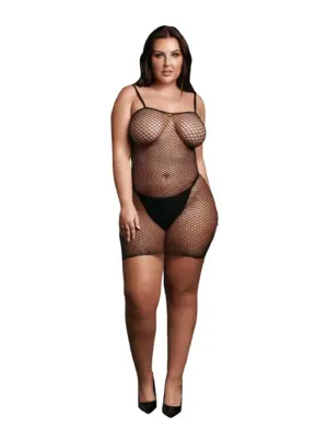 Short dress with fishnet structure and spaghetti straps