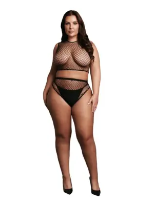 2 piece with crop top, pantie and fishnet structure.