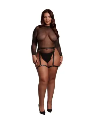 Shimmering Open-Back Bodysuit with PU Leather Garters - Plus Size - Black/Gold Glitter