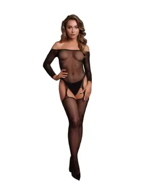Shimmering Off the Shoulder Bodystocking - One Size - Black/Gold Glitter