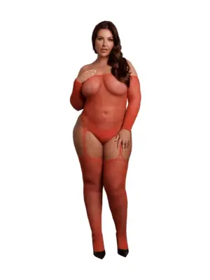 Shimmering Off the Shoulder Bodystocking - Plus Size - Red/Gold Glitter