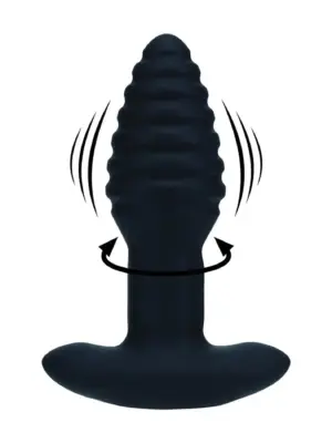 Vibrating and Rotating Ribbed Silicone Anal Plug - Black