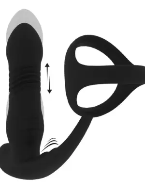 Vibrating and Thrusting Silicone Prostate Massager with Tri O Cockring - Black