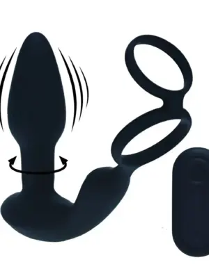 Dual Vibrating Remote Rotating Beads Silicone Prostate Stimulator with Cock and Ball Ring - Black