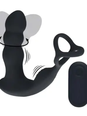 Dual Vibrating Remote Rotating Head Silicone Prostate Stimulator with Cock and Ball Ring - Black