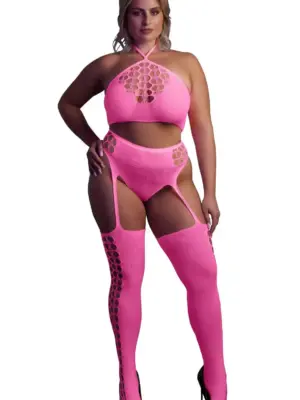 Komplet z Crop Topem i Pończochami XL/XXXXL UV Glow