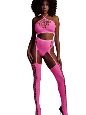Two Piece with Crop Top and Stockings - Pink - XS/XL