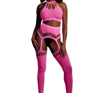 Two Piece with Crop Top and Stockings - Pink - XS/XL