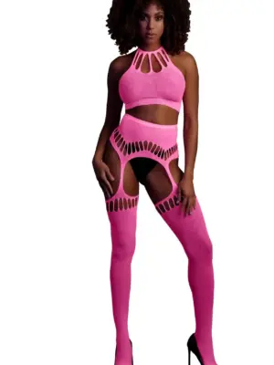 Two Piece with Crop Top and Stockings - Pink - XS/XL