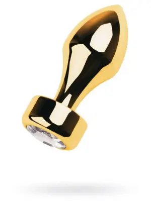 Gold anal plug TOYFA Metal with white round-shaped gem , length 7 cm, diameter 2-3,5 cm, weight 140 gr