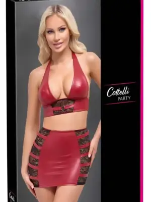 Top & Skirt Wet Look z Koronką Czerwony S, M