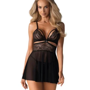 Bielizna-838-BAB-1 babydoll i stringi czarna  S/M