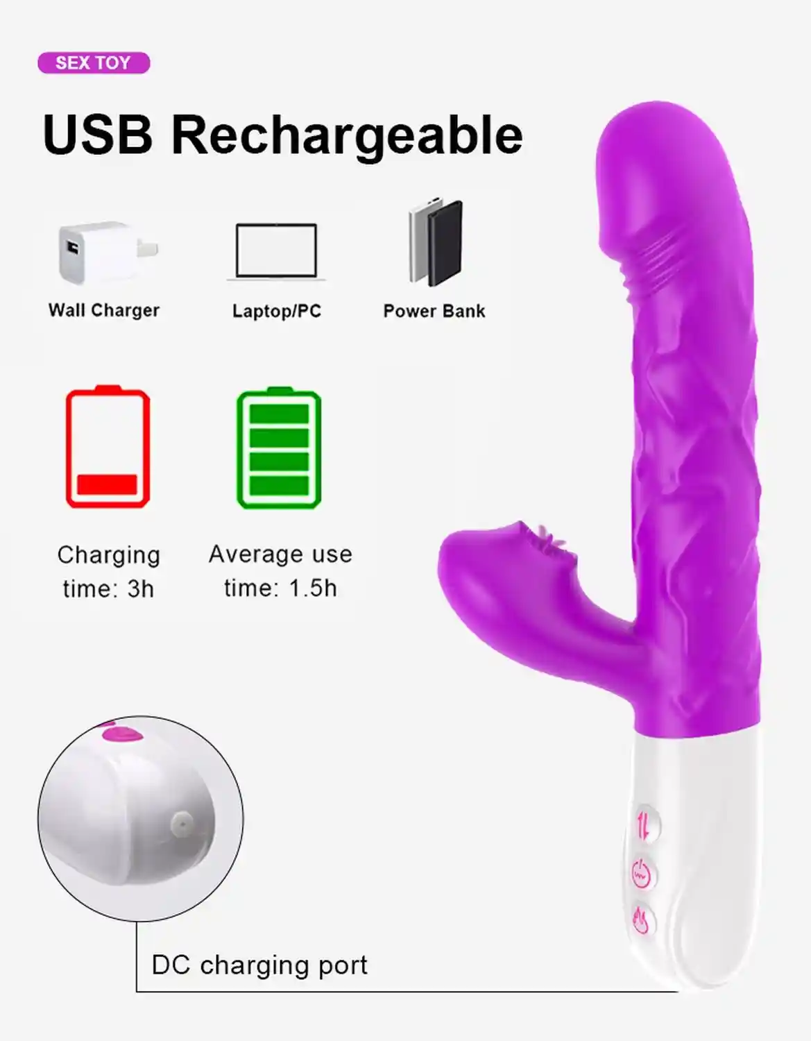 Wibrator- SiliconeTongue Vibrator, USB 10 Function - obrazek 6
