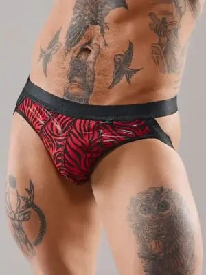 Majtki Jockstraps z Tiulu - Czarno-Czerwone z Zebrowym Motywem - M
