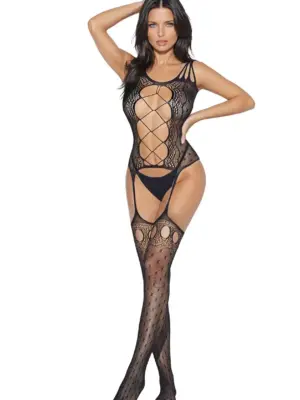 Bodystocking z głębokim dekoltem i sznurowaniem, czarne, One size