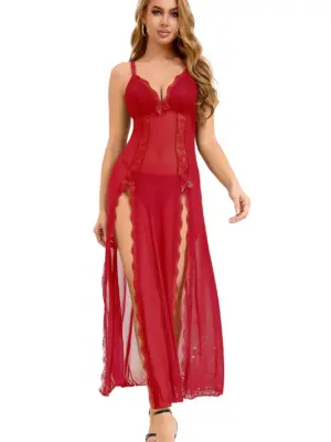 Long, sexy red nightgown + thong
