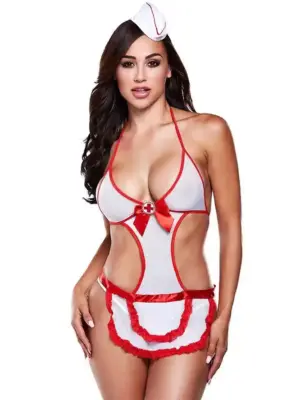 NURSES NEGLIGEE WITH RED DETAILS AND HAT