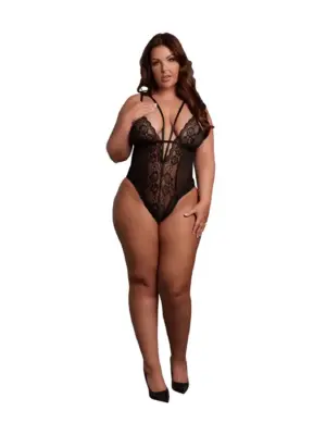 Wireless Lace Bodysuit with Adjustable Sliders - Plus Size - Black
