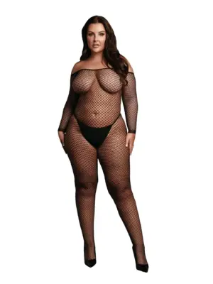 Bodystocking with off shoulder neckline, fishnet structure and open crotch.