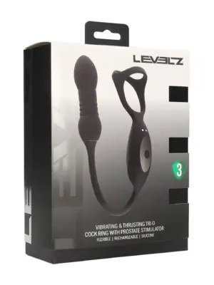 Vibrating and Thrusting Silicone Tri O Cockring with Prostate Stimulator - Black