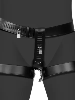 PU Leather Female Chastity Belt with Leg Restraint - Black