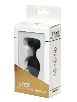 Star Collection - Black Silicone Anal Plug M - Light Blue Stone