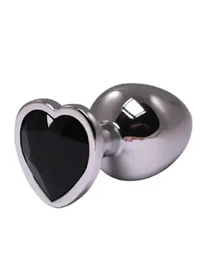 Silver small heart-shaped butt plug with black crystal