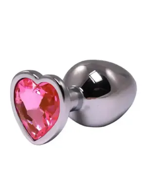 Silver small heart-shaped butt plug with pink crystal