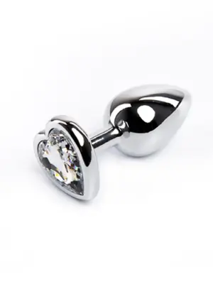 Silver small heart-shaped butt plug with white crystal