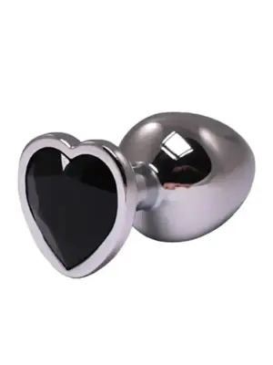 Silver medium heart-shaped butt plug with black crystal