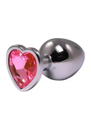 Silver medium heart-shaped butt plug with pink crystal
