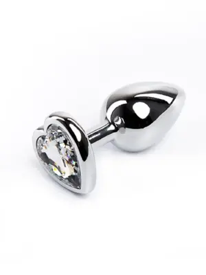 Silver medium heart-shaped butt plug with white crystal