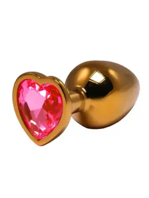 Gold medium heart-shaped butt plug with pink crystal