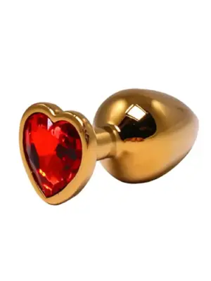Gold medium heart-shaped butt plug with red crystal