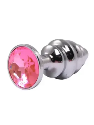 Silver small ribbed butt plug with pink crystal