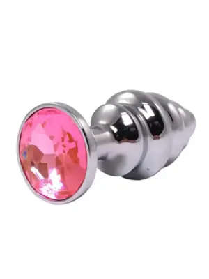 Silver medium ribbed butt plug with pink crystal