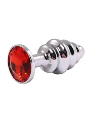 Silver medium ribbed butt plug with red crystal