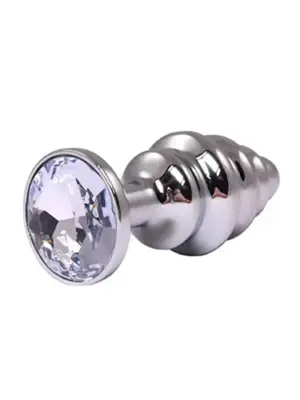Silver medium ribbed butt plug with white crystal